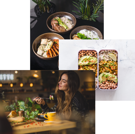 Women enjoying food, meals in storage container and food bowls on table